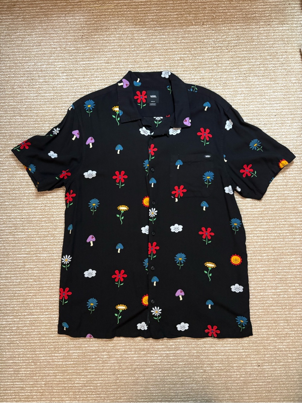 Vans Black Short-Sleeve Button-Up with Colorful Floral & Mushroom Print